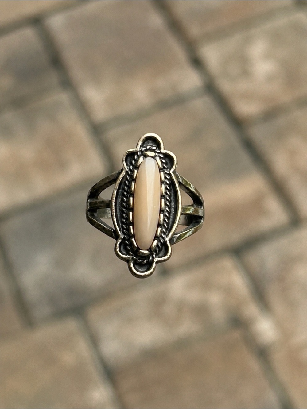 Vintage Boho White Marquise Cabochon Costume Statement Ring Size 5.5